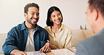 Happy, couple and advisor in office with document, finance report and application for real estate. Smile, people and realtor with legal paperwork, property investment and financial form for purchase