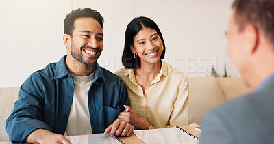 Buy stock photo Happy, couple and advisor in office with document, finance report and application for real estate. Smile, people and realtor with legal paperwork, property investment and financial form for purchase