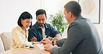 Documents, offer and couple with financial advisor in house for discussion on home loan. Paperwork, signature and accountant with man and woman for savings or investment planning in apartment.