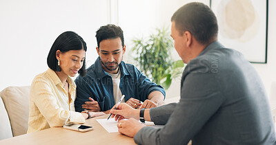 Buy stock photo Documents, offer and couple with financial advisor in house for discussion on home loan. Paperwork, signature and accountant with man and woman for savings or investment planning in apartment.