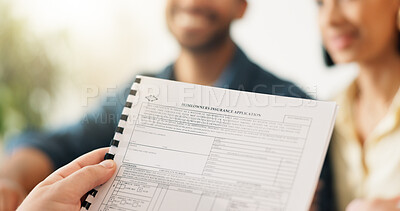 Buy stock photo Hands, realtor and reading document with couple, finance advice and application for real estate. Smile, people or advisor with paperwork, financial investment and insurance form for property coverage