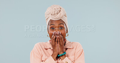 Buy stock photo Portrait, surprise and black woman in studio with announcement, promotion or wow for sale notification. Happy person, cover mouth or shock with good news, discount or amazing offer on blue background