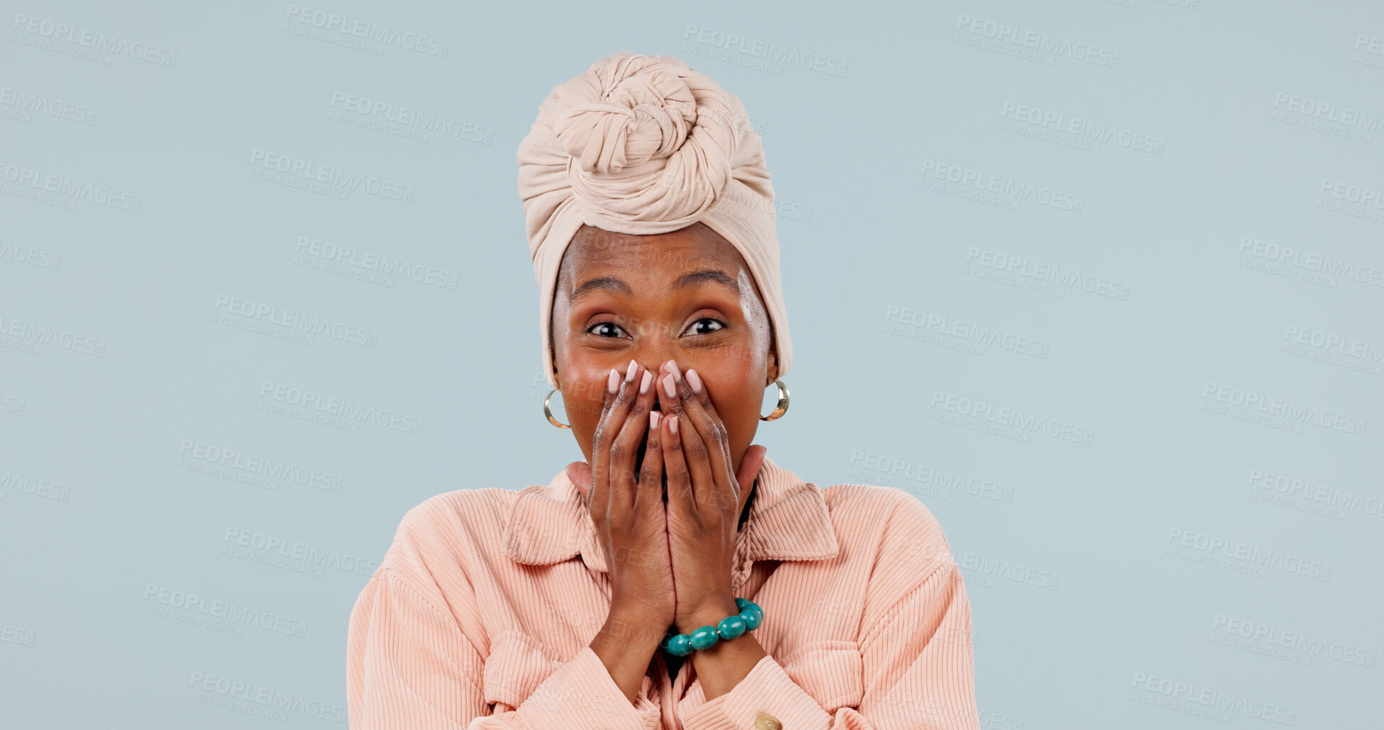 Buy stock photo Portrait, surprise and black woman in studio with announcement, promotion or wow for sale notification. Happy person, cover mouth or shock with good news, discount or amazing offer on blue background