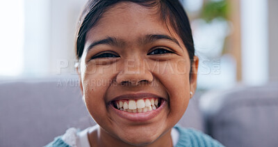 Buy stock photo Wellness, portrait or girl in home with smile, positive attitude and chill on weekend break. Confidence, optimistic and child with good mood, happy moment and peaceful holiday for youth wellbeing.