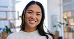 Calm, portrait and woman in house with smile, positive attitude and feel good on weekend break. Wellness, peaceful and person in living room with happy moment, confidence and satisfaction on day off.
