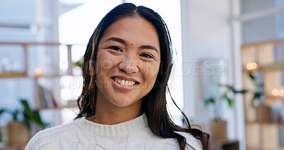 Buy stock photo Calm, portrait and woman in house with smile, positive attitude and feel good on weekend break. Wellness, peaceful and person in living room with happy moment, confidence and satisfaction on day off.