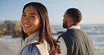 Smile, woman and couple on beach for holiday, honeymoon trip and seaside adventure with portrait. Wife, man and happy at ocean for marriage milestone, travel together and appreciation for vacation