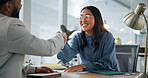 Fist bump, interview and smile of business woman in office for hiring or onboarding process. Greeting, recruitment and success with people in workplace together for job opportunity or vacancy