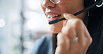 Business, woman and smile with mic at call centre, customer service and advice for online query. Happy, agent and headset in office for consultation, client support and crm representative for telecom