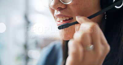 Buy stock photo Mouth, woman and smile with mic at call centre, customer service and advice for online query. Space, agent and headset in office for consultation, client support and crm representative for telecom