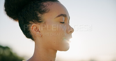 Buy stock photo Breathing, eyes closed and fresh air with woman outdoor for health, vitality or wellness in morning. Break, space and sunshine with African person in nature for deep breath, mindfulness or recovery