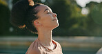 Outdoor, mindfulness and woman with smile on break, breathing and relax with inner peace on weekend. Calm, person and stress relief with fresh air at park, thinking and happy with thoughts on holiday