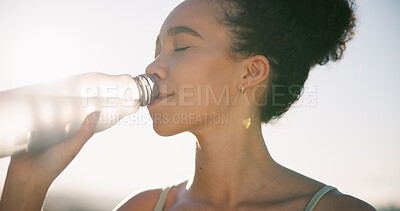 Buy stock photo Fitness, break and woman drink water outdoor with electrolytes, workout and healthy habits for wellness. Active, female person and hydration with beverage for thirst, training and exercise recovery.