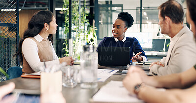 Buy stock photo Meeting, laptop and business people in office with discussion, data analysis or income growth proposal. Team, talk and strategy in workplace with computer, graphs and statistics for revenue forecast.