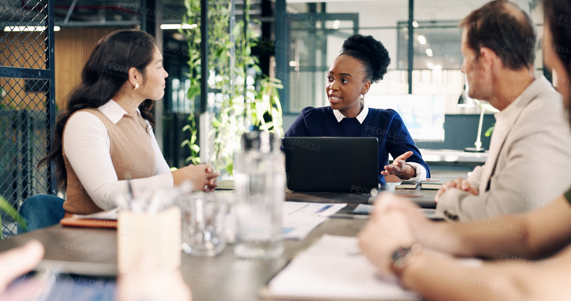 Buy stock photo Meeting, laptop and business people in office with discussion, data analysis or income growth proposal. Team, talk and strategy in workplace with computer, graphs and statistics for revenue forecast.
