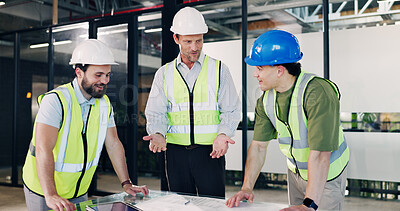 Buy stock photo Construction, meeting and planning with architect team in office for maintenance or upgrade. Blueprint, collaboration and conversation with engineering people in workplace for project management
