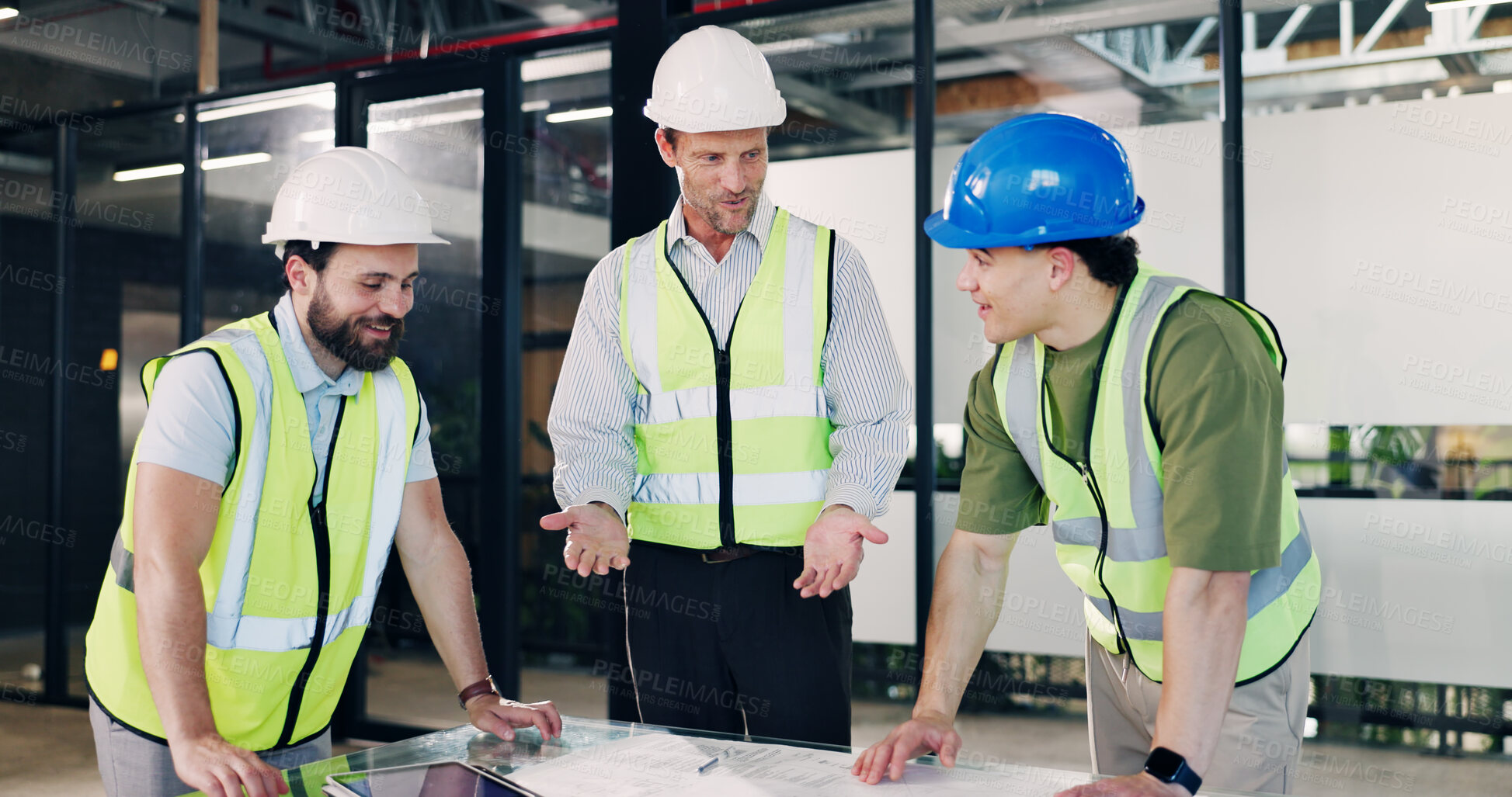 Buy stock photo Construction, meeting and planning with architect team in office for maintenance or upgrade. Blueprint, collaboration and conversation with engineering people in workplace for project management