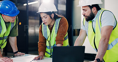 Buy stock photo Construction, laptop and meeting with architect team in office for maintenance or planning. Blueprint, collaboration and computer with engineering people in workplace for project management update