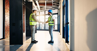 Buy stock photo Happy, architect and men in building, handshake and agreement for property development and teamwork. Civil engineering, discussion and people with smile for renovation, shaking hands or collaboration