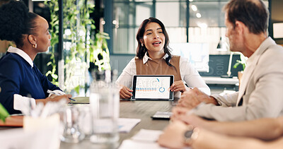 Buy stock photo Businesswoman, meeting or presentation in office with tablet screen, data and income growth strategy. People, manager and tech in agency with graphs, stats and workshop for how to increase revenue.
