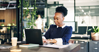 Buy stock photo Laptop, typing and black woman in office with report, bookkeeping or finance administration for audit. Person, reading and browse in business with computer, review financial statement and accounting.