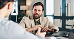 Laptop, discussion and business men in office for finance report with budget planning in collaboration. Computer, meeting and financial advisor with investor for investment proposal in workplace.