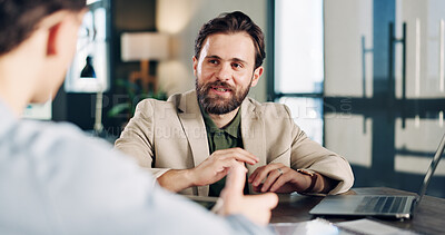 Buy stock photo Laptop, discussion and business men in office for finance report with budget planning in collaboration. Computer, meeting and financial advisor with investor for investment proposal in workplace.