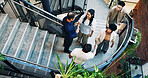 Business, welcome or people in office with handshake, partnership or networking in b2b greeting. Happy, above or employees on stairs with shaking hands, opportunity or introduction with collaboration