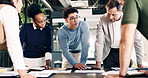 Meeting, documents and business people in office with data analysis, explain KPI or worker performance. Team, talk and paperwork in agency with brainstorming, graphs and stats for productivity rate.