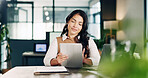 Finance, businesswoman and reading in office with tablet, bookkeeping admin or scroll for audit report. Person, research and browse in workplace with tech, review financial statement and accounting.