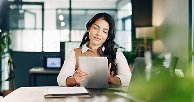 Buy stock photo Finance, businesswoman and reading in office with tablet, bookkeeping admin or scroll for audit report. Person, research and browse in workplace with tech, review financial statement and accounting.