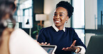Laptop, meeting and business women in office for finance report with budget planning in collaboration. Computer, discussion and financial advisor with investor for investment proposal in workplace.
