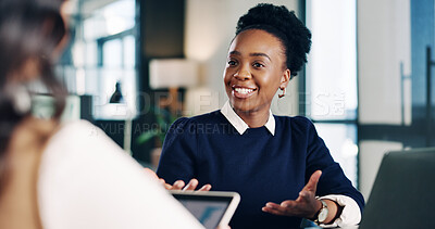 Buy stock photo Happy, meeting and business women in office for finance report with budget planning in collaboration. Tech, discussion and financial advisor with investor for investment proposal in workplace.