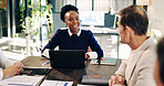 Laptop, meeting and business people in office with data analysis, advice or KPI for worker performance. Happy, team and talk in agency with computer, graphs and statistics for productivity forecast.
