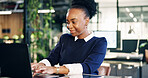 Laptop, typing and black woman in office with smile, risk assessment and email for insurance claim. Bokeh, happy person and draft report in business with computer, planning and review policy payout.