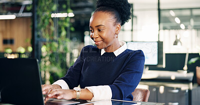 Buy stock photo Laptop, typing and black woman in office with smile, risk assessment and email for insurance claim. Bokeh, happy person and draft report in business with computer, planning and review policy payout.