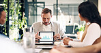 Finance, meeting and tablet screen with business people in boardroom for investment report. Data, graph and statistics with employee team in office together for financial feedback or risk management