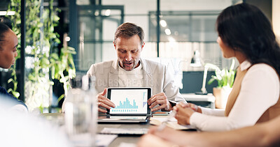 Buy stock photo Finance, meeting and tablet screen with business people in boardroom for investment report. Data, graph and statistics with employee team in office together for financial feedback or risk management