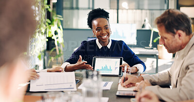 Buy stock photo Finance, meeting and tablet screen with business people in office for investment report. Data, smile and statistics with employee team in boardroom together for financial feedback or risk management