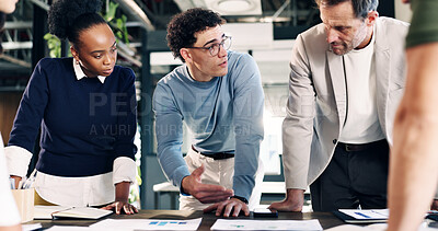 Buy stock photo Meeting, teamwork and business people in office with documents for finance report with planning. Collaboration, discussion and financial advisors with paperwork for investment proposal in workplace.