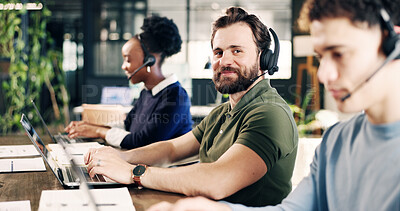 Buy stock photo Headset, man and portrait of call center agent with laptop in office for crm, help desk or consultation. Mic, coworking and technical support consultant with enquiry, contact us or customer service.