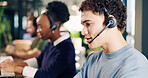 Headset. man and call center consultant in office for crm, help desk or online consultation. Mic, coworking and technical support agent in workplace with enquiry, contact us or customer service.
