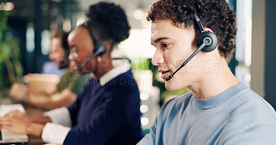 Buy stock photo Headset. man and call center consultant in office for crm, help desk or online consultation. Mic, coworking and technical support agent in workplace with enquiry, contact us or customer service.