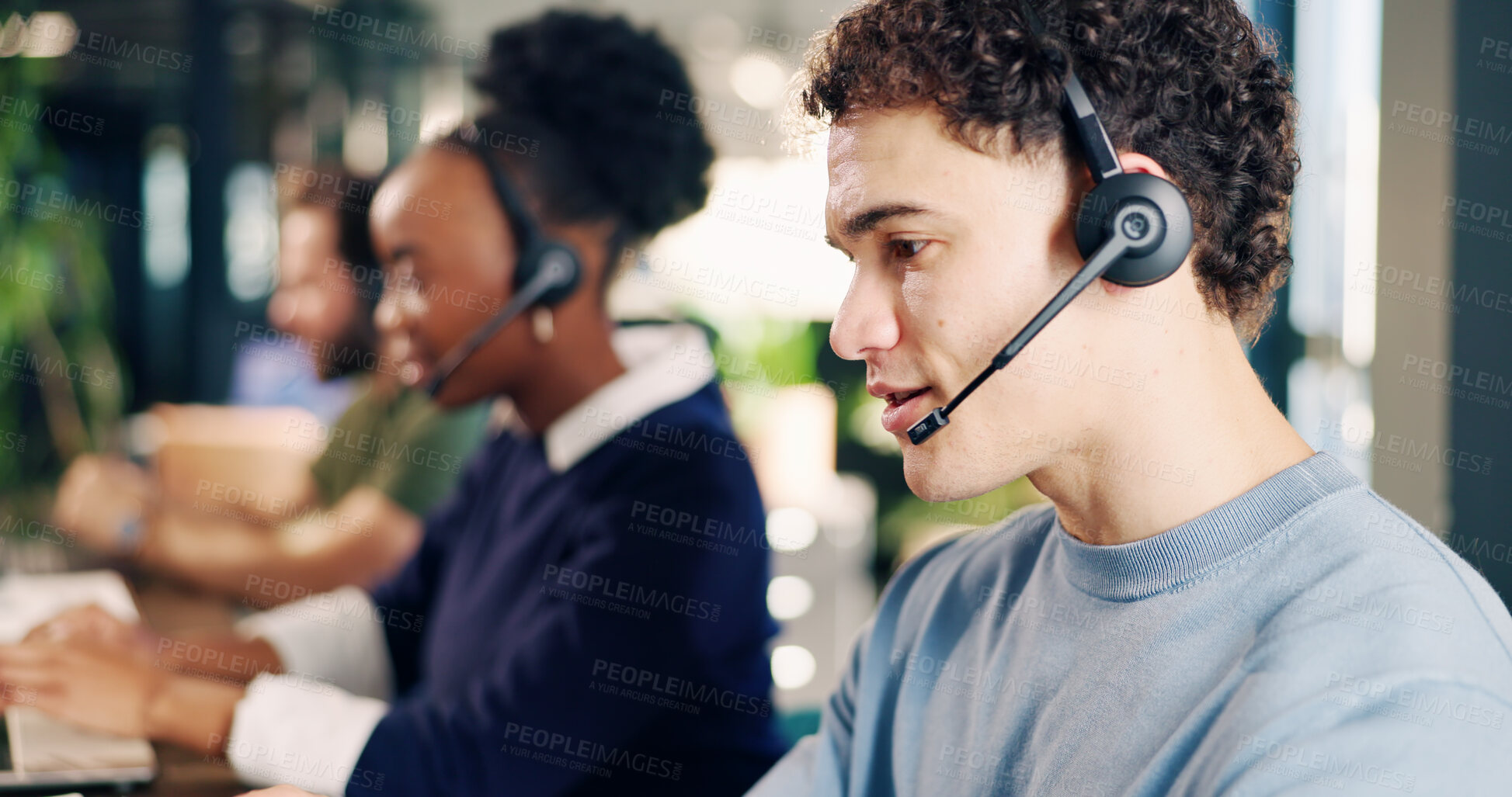 Buy stock photo Headset. man and call center consultant in office for crm, help desk or online consultation. Mic, coworking and technical support agent in workplace with enquiry, contact us or customer service.