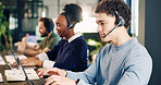 Headset. man and call center agent with laptop in office for crm, help desk or online consultation. Mic, coworking and technical support consultant with enquiry, contact us or customer service.