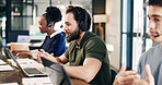Headset, laptop and technical support consultant in office for crm, help desk or online consultation. Man, coworking and call center agent in workplace with enquiry, contact us or customer service.