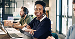 Headset. woman and portrait of call center consultant in office for crm, help desk or consultation. Mic, coworking and technical support agent with laptop for enquiry, contact us or customer service.