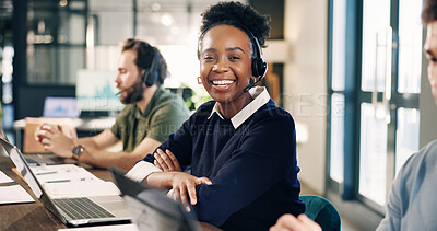 Buy stock photo Headset, woman and portrait of call center consultant in office for crm, help desk or consultation. Mic, coworking and technical support agent with laptop for enquiry, contact us or customer service.
