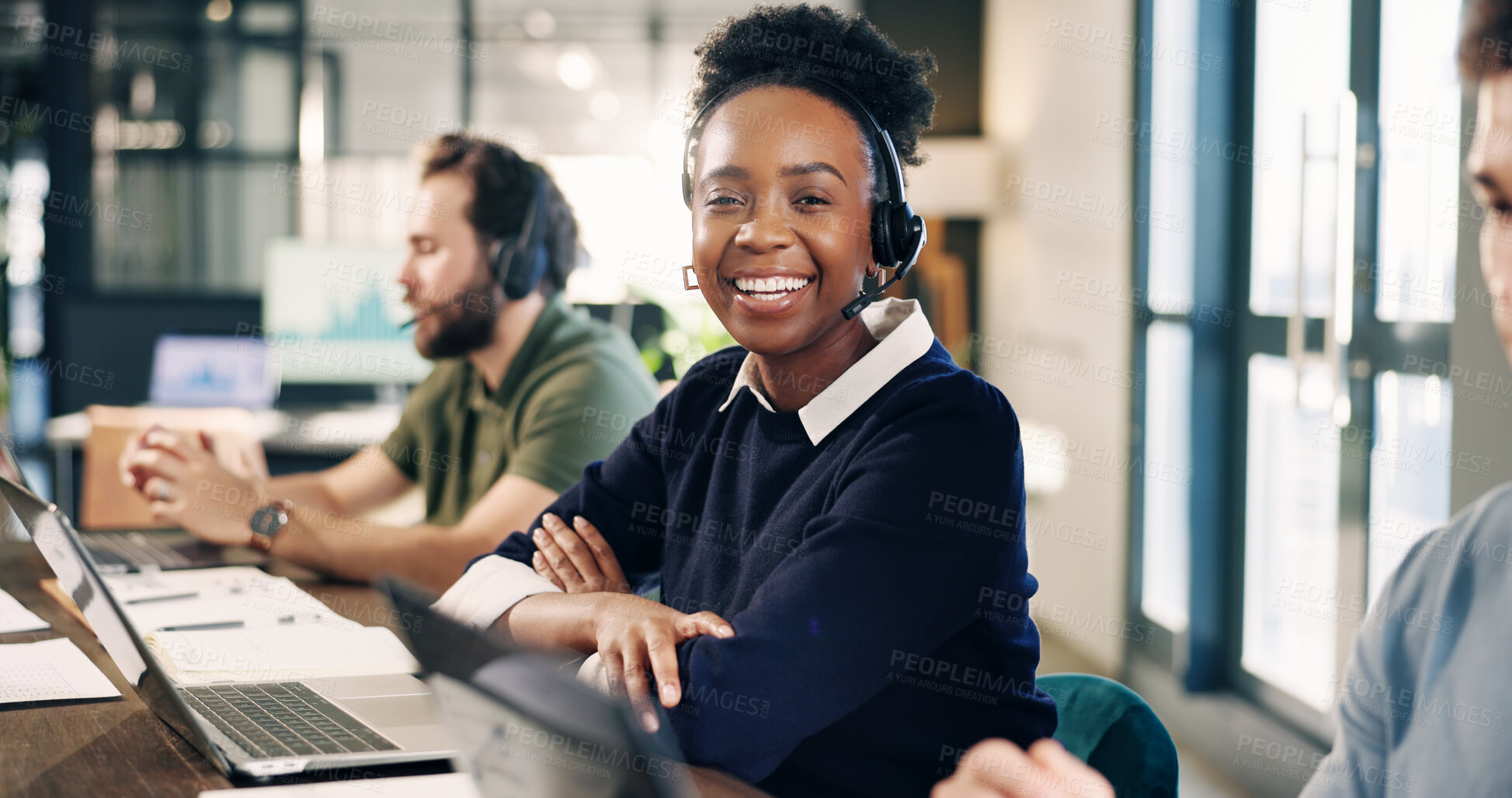 Buy stock photo Headset, woman and portrait of call center consultant in office for crm, help desk or consultation. Mic, coworking and technical support agent with laptop for enquiry, contact us or customer service.