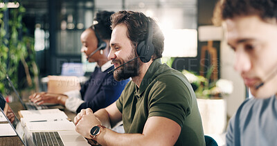 Buy stock photo Headset. laptop and call center consultant in office for crm, help desk or online consultation. Man, coworking and technical support agent in workplace with enquiry, contact us or customer service.